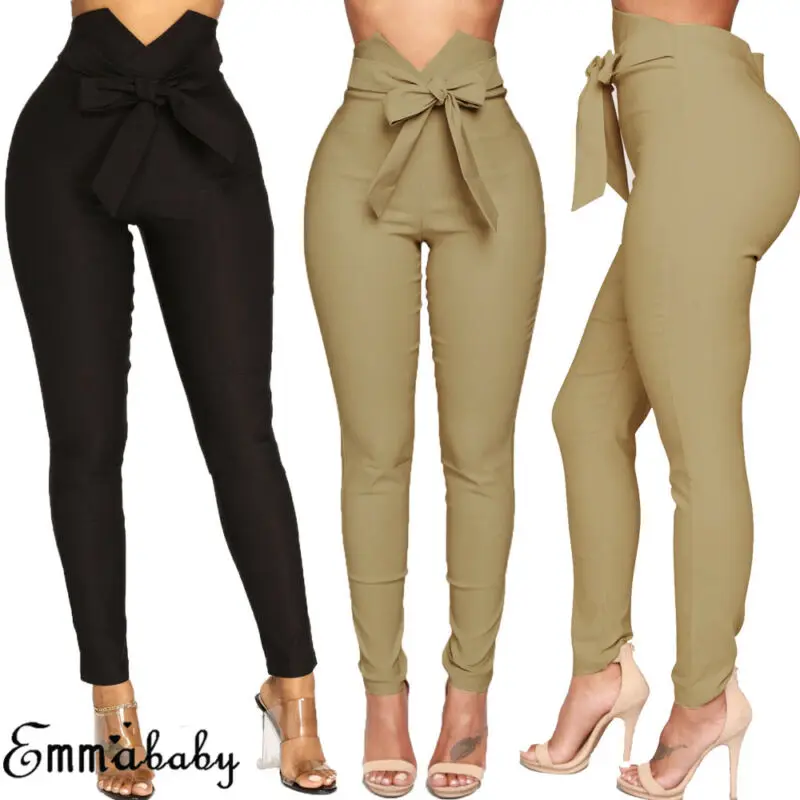 

Sexy Women Slim Skinny Pants High Waist Belted Legging Long Pencil Trousers Bowknot Waisted Ladies' New Fashion Hot Sale
