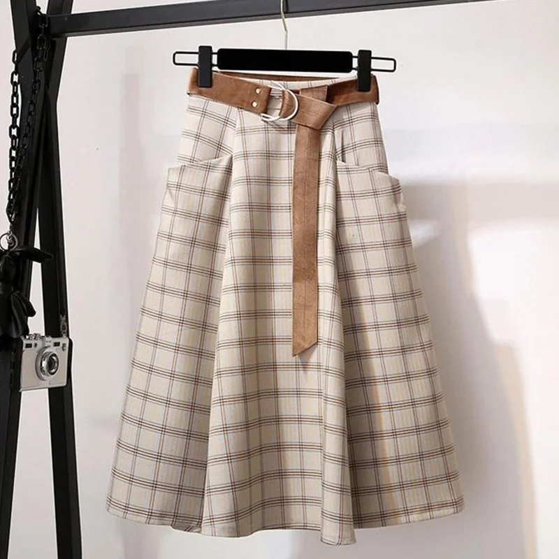 Light Khaki Осенняя клетчатая винтажная трапециевидная Женская юбка с завышенной талией средней длины с поясом, женские юбки, зимняя модная женская одежда с карманами - Цвет: Light Khaki