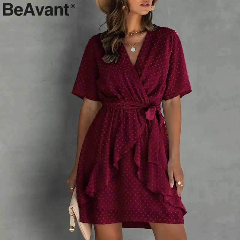 BeAvant Boho горошек Обёрточная бумага платья Для женщин летние шорты с оборками Короткое платье; Boho Женская V образным вырезом сексуальное платье Vestidos