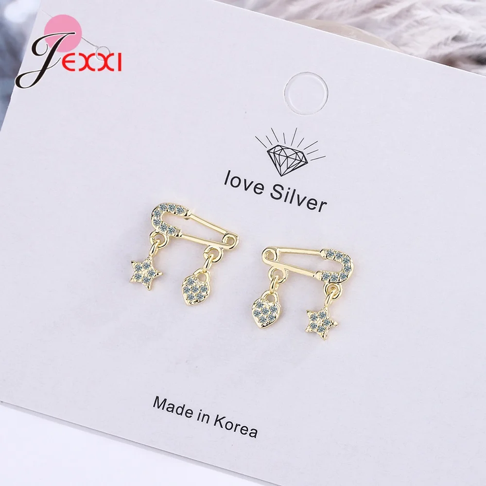 Ohrstecker aus 925er-Sterlingsilber, niedliches Gold, Silber, Büroklammer, Kristall, Stern, Herz, Charms, Ohrstecker für Damen – Detail 6