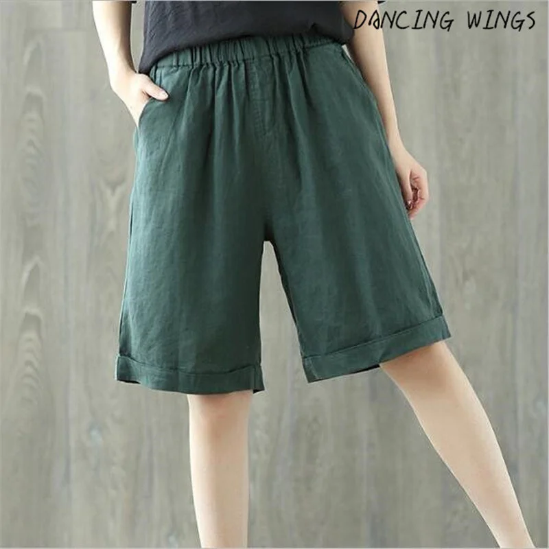 Summer Knee Length Elastic Waist Casual Cotton Linen Shorts Women Loose