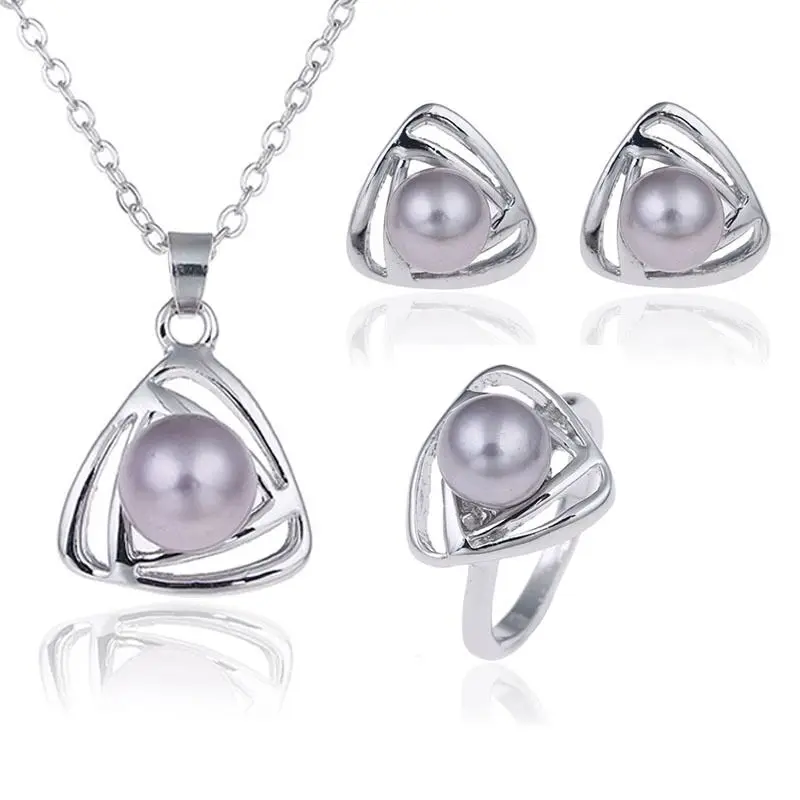

Fine jewelry 925 sterling silver suitable for ladies wedding pearl set triangle silver gray necklace earrings ring set yw018