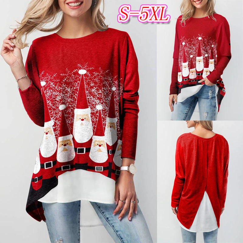 

Fake Two Piece Womens Tshirts Irregular Pullover Loose Womens Tops Christmas Printed Split Casual Female Clothing