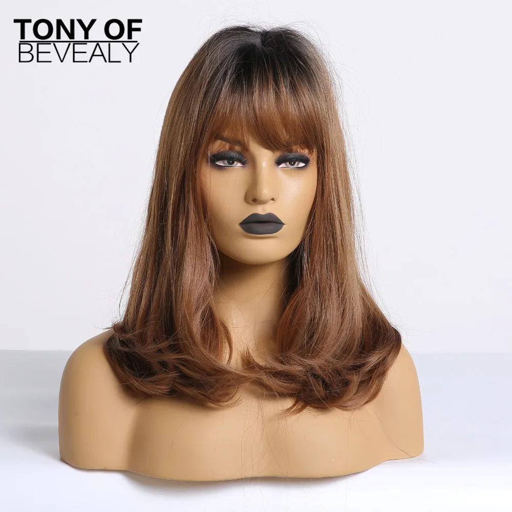 Long Straight Brown Wigs With Bangs Natural Synthetic Wigs for Women African American Cosplay Wigs Heat Resistant Fiber - Цвет: lc170-1