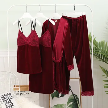 

Sleep Set Women Velour Pajamas Suit Soft Homewear Nightwear Lace Sexy 4PCS Sleepwear Long Sleeve Night Wear Home Clothing