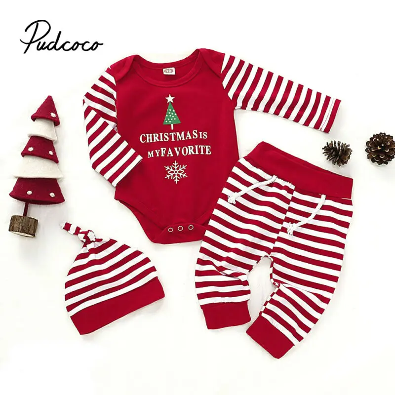

New Xmas Infant Baby Boy Girl Romper Tops+Pants+Hat 3pcs Christmas Outfits Set Long Sleeve Winter Clothes 1 2 Years