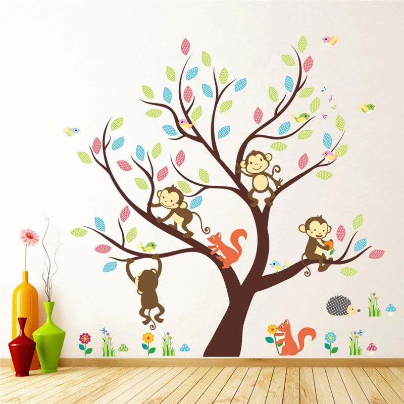 

Cute Monkey Squirrel Birds Big Tree Wall Sticker For Kids Room Playroom Home Decoration Cartoon Animal Mural Art Pvc Wall Decal