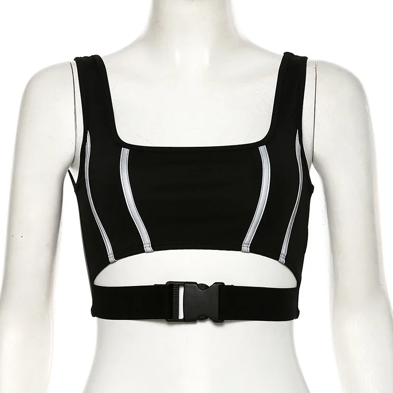 Women Sexy Bralette Reflective Cropped Top Fashion Female Black Buckle Bandage Tank Elastic Bustier Top Shirt Vest Femme