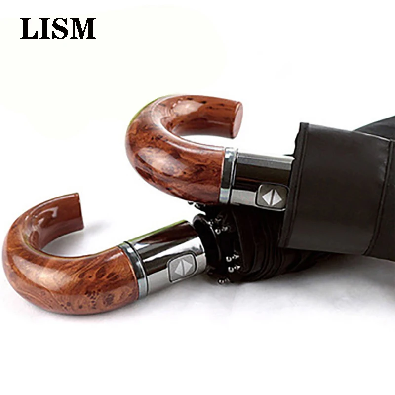 

Automatic folding umbrella business men and women 10K strong weatherproof umbrella protection sunscreen wooden handle