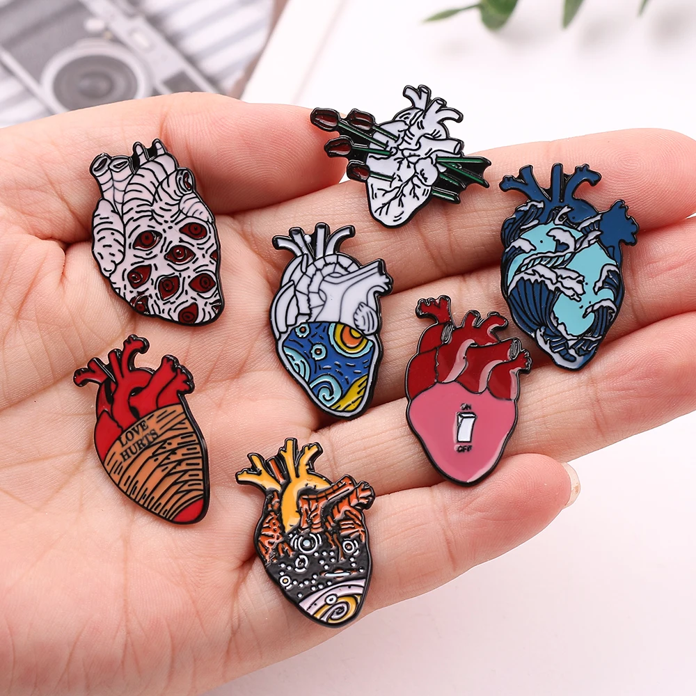 Punk Style Skeleton Love Heart Enamel Pins Self-deprecating Dark Punk Brooches Ocean Wave Whale Human Heart Lapel Pins Badges