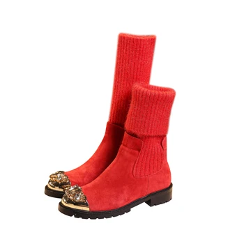 

New Arrival Winter Women Shoes Slip On Women Boots Warm Fur Ankle Boots Crystal Iron Round Toe Suede With Kintted Woman Shoes