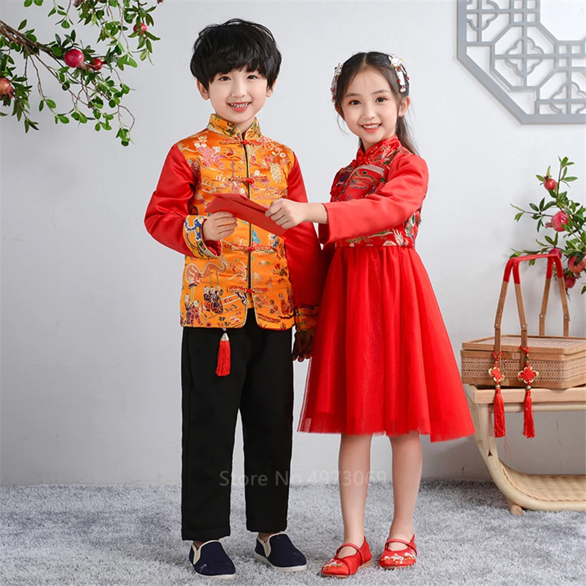 Китайский новогодний традиционный костюм в стиле Тан для девочек; платье для маленьких мальчиков; одежда с вышитым драконом; зимние теплые плотные костюмы