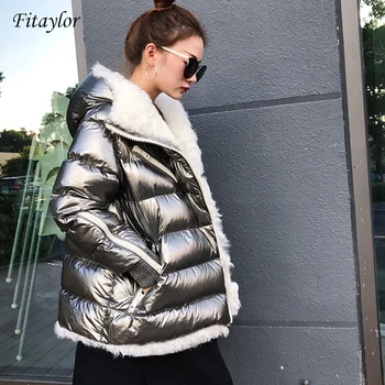 

Fitaylor Winter Women White Duck Down Parka Lamb Fur Hooded Coat Female Warm Patchwork Overcoat Silver Outwear