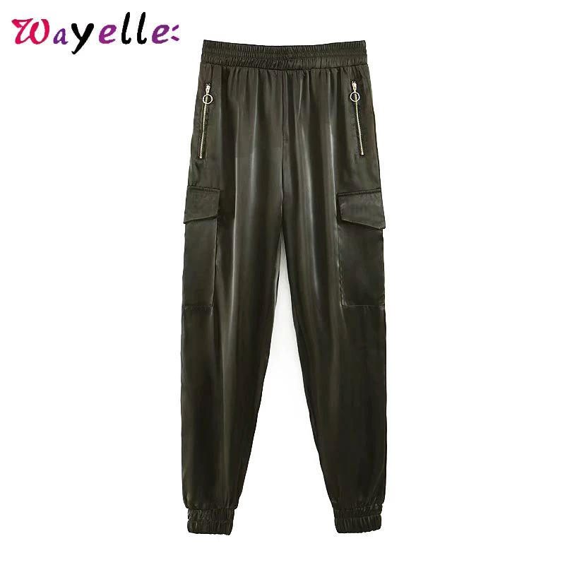 

Cargo Pants Women 2019 Fall Elastic Waist Pockets Casual Pants Womens Zipper Hip Hop Women Pants Tide Solid Ankle-Length Pants