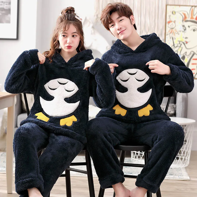 Unisex Adult Couple Pajamas Winter Thickening Female Pajamas Warm Hooded Sleepwear Long Sleeve Cute Cartoon Home Clothes Pyjamas - Цвет: penguin