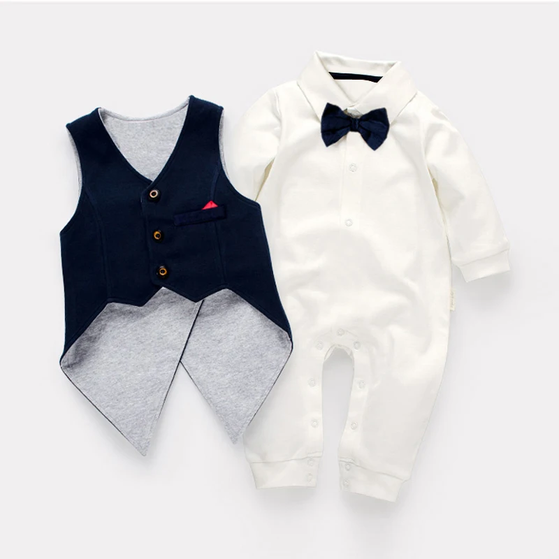 Boy clothes suit cotton rompers+ vest Tuxedo+shoes+socks+hats 5pcs clothing sets wedding party for boys outfit Spanish - Цвет: Синий