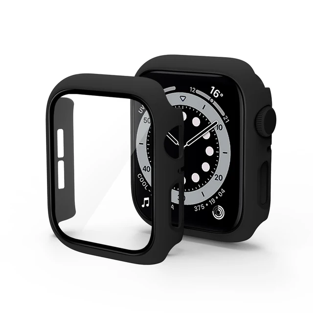 Glass+Case for iWatch Case Cover for Apple Watch Case 45/41mm 44mm 42mm 40mm 38mm Series 7 6 5 4 3 2 1 SE Protector Accessories Black
