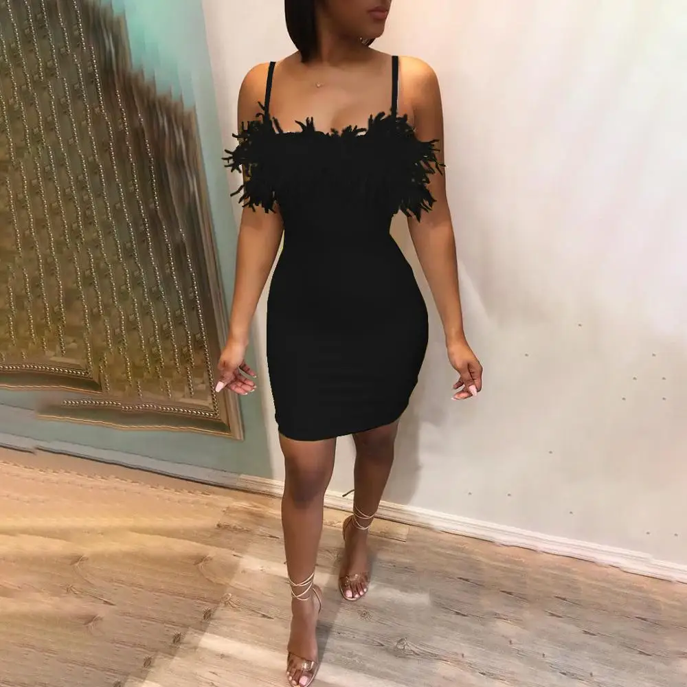 

White Strap Feather Sexy Party Bodycon Short Dress Sleeveless Women Solid Clothes Summer Black Festival Club Skinny Mini Dress