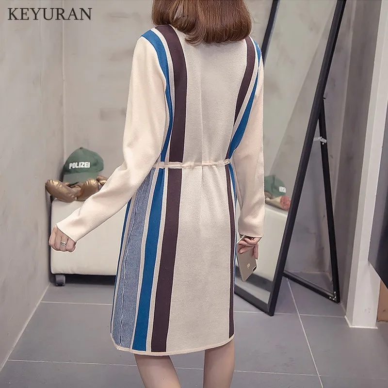 New Autumn Winter Women Knitted A-line Dress Fashion Striped Patchwork Dresses Plus Size Casual Ladies Pull femme Vestidos L4344