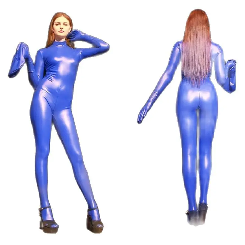 Cosplay costume adult unitard sexy fetish wear PU leather jumpsuit invisible zip open crotch body shapewear coated bodysuit zentai catsuit faux latex fad cosplay adult costume