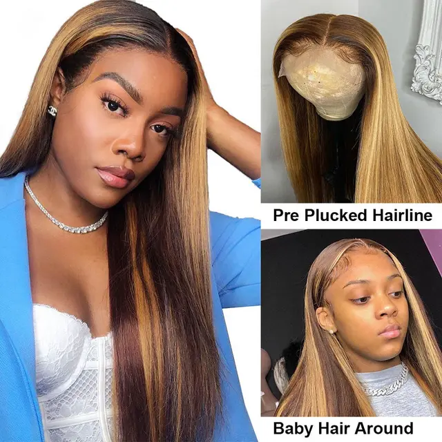 HD Straight Highlight Wig Lace Front Human Hair Wigs For Women Lace Frontal Wig Pre Plucked Honey Blonde Colored Human Hair Wigs 3
