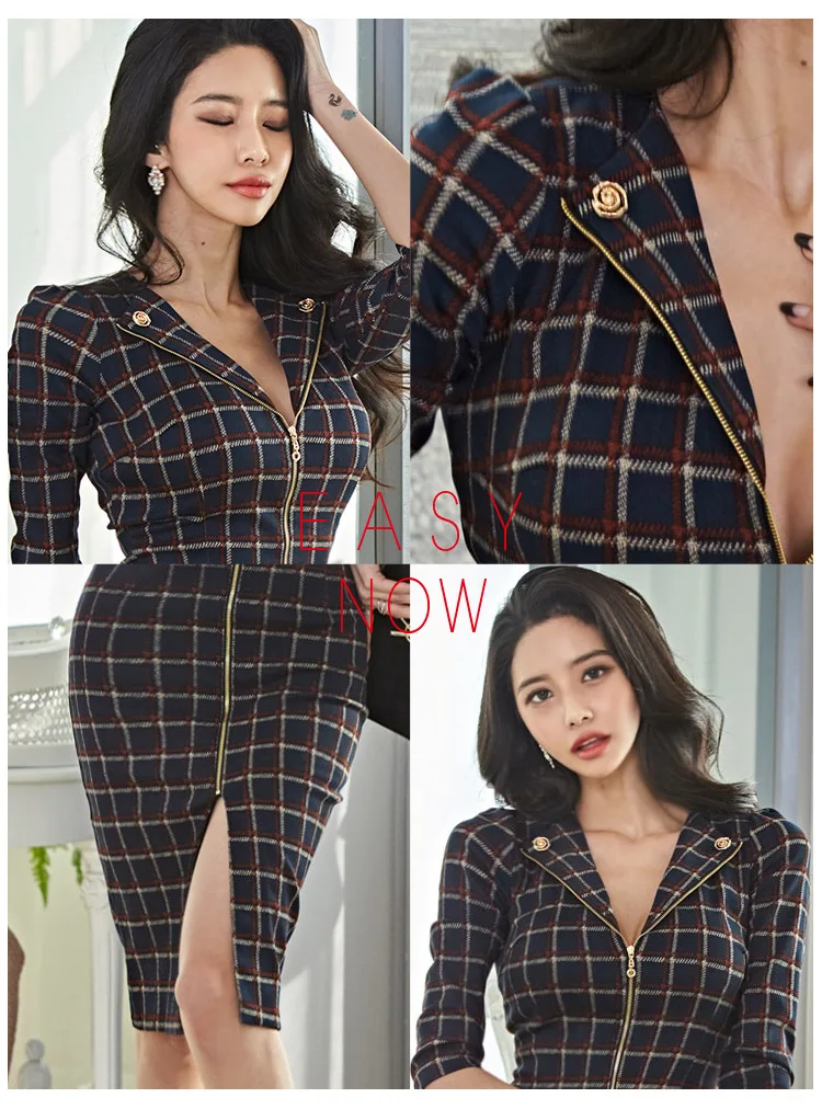 High waist Ladies Plus size party dresses Autumn Cotton blend Splicing plaid zipper Sexy Dress womens Skinny Office Dress