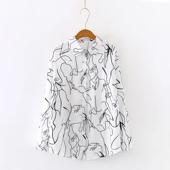 

Women Cotton High Quality Print Loose Long Sleeve Blouses Shirts Autumn Casual Office Tops Shirt Blouse