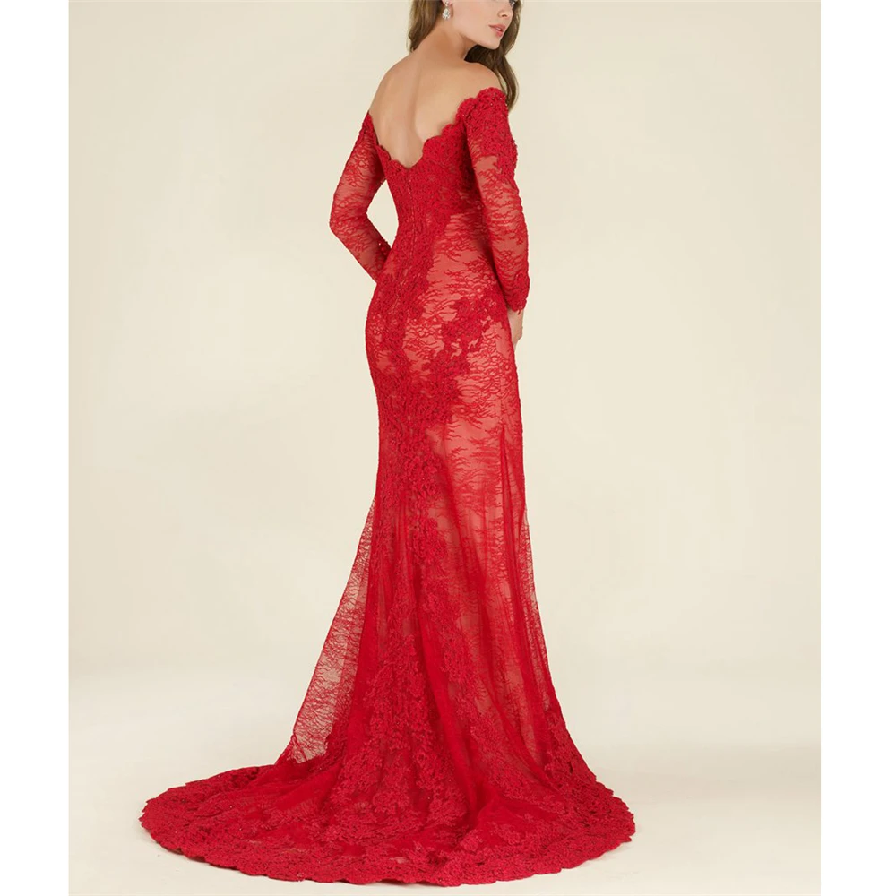 Очаровательное Красное Кружевное Платье Vestidos De Fiesta De Noche с длинными рукавами, облегающее платье с открытыми плечами и аппликацией, длинное платье для матери невесты