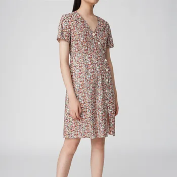 

Fashion Print Womens Dress Short Sleeve V-neck Lady Knee-length Dresses Slim Waist Robes With Buttons 2020 New