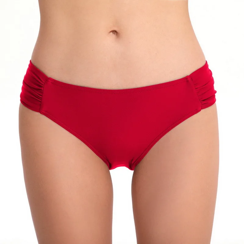 Новогодние предложения, высококачественное бикини, низ, полный охват, средняя талия, танкини, низ, плиссированная сторона, одноцветная, двойной слой, плотная ткань - Цвет: red bikini bottom
