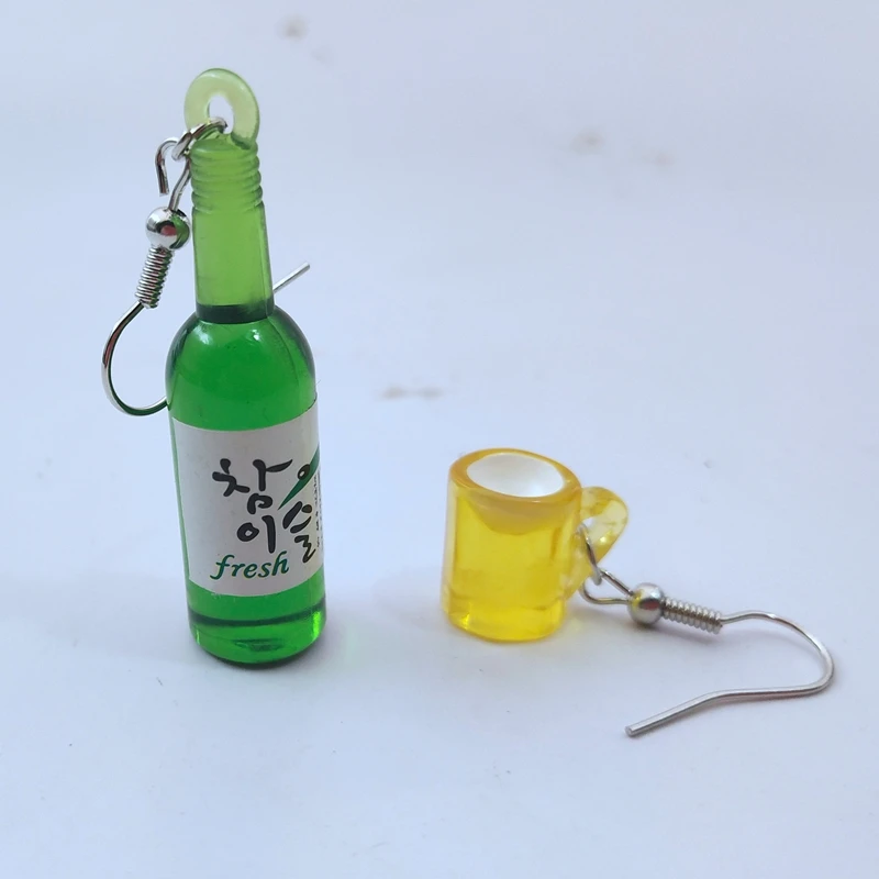 

New Mini Fashion Earring For Women Cool Mini Beer Bottle Wine Glass Asymmetric Art Fan resin earrings