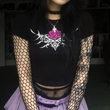 ALLNeon Mall Goth Y2K Heart Wings Embroidery Black Baby Tees Grunge Punk Aesthetics O-neck Short Sleeve Crop T-shirts Cute Tops
