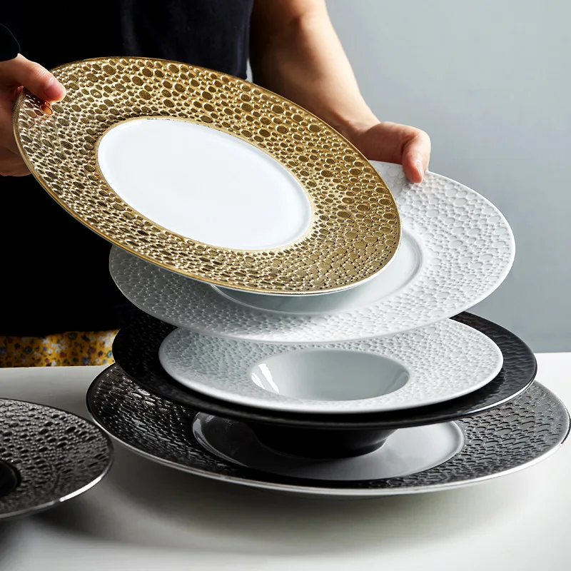 Round Gold Ceramic Dinner Plates Creative Lunar Surface Black Dishes Soup Steak Flat Plate Household Pasta Bowl Tableware | Дом и сад