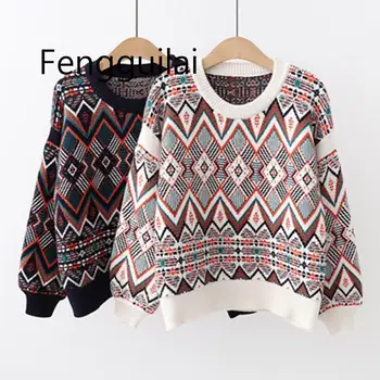 

FENGGUILAI Autumn Female's O-Neck Collar Loose Long-sleeved Sweaters Pullover National Style Geometric Plaid Sweater For Women