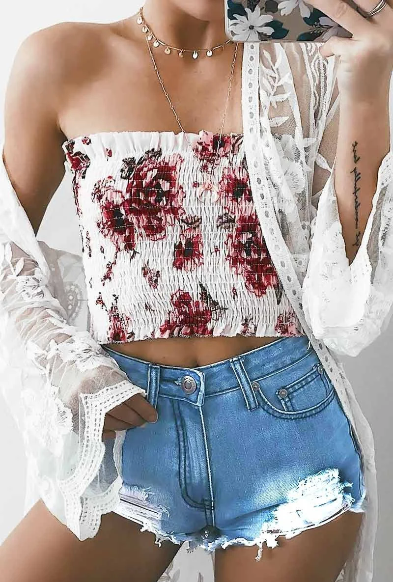 Шифоновая кофта Boho с цветочным принтом женские летние топы короткие Спагетти майка на бретельках женские пляжные без бретелек сексуальный укороченный топ