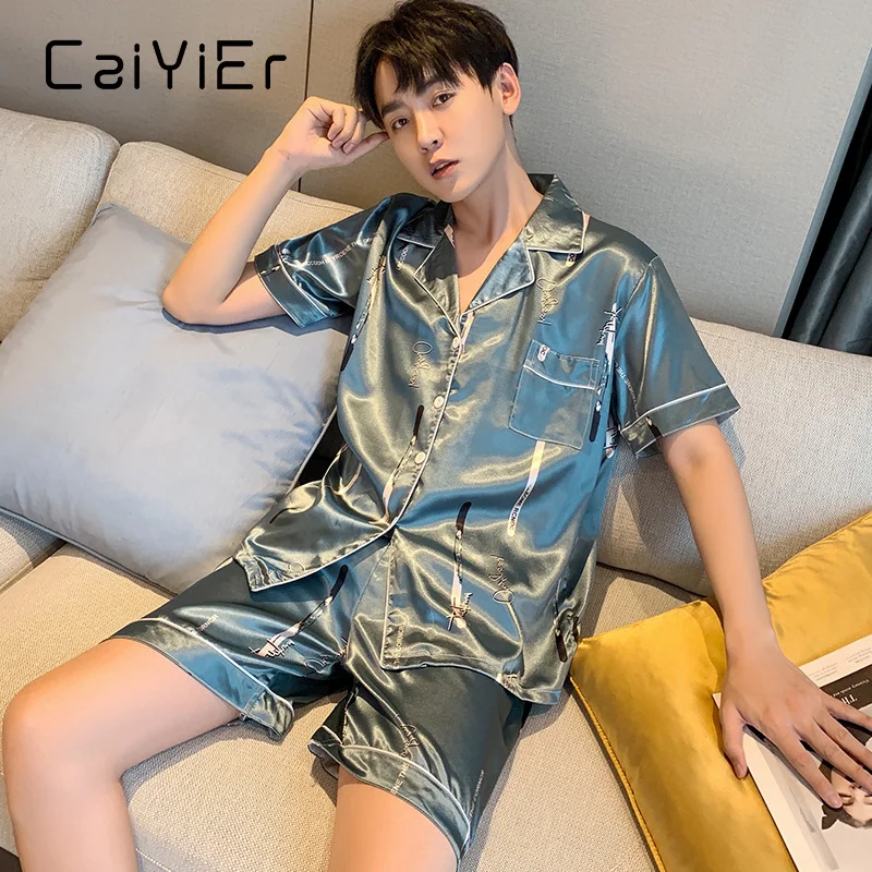 CAIYIER Autumn Men's Silk Pyjamas Set Long Sleeve Trousers Plaid Sleepwear High Quality Satin Home Wear Luxury Men's Nightwear mens cotton pjs