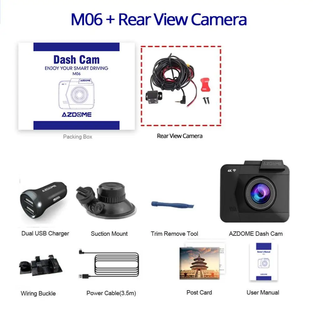 M06-RVC AZDOME 4K/2880*2160P Dash Cam WiFi Car DVRs Recorder M06 Dual Lens Vehicle Rear Camera Built in GPS WDR Night Vision Dashcam - Color Name: M06-RVC
