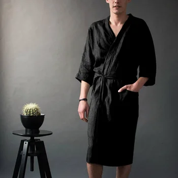 

Men's Long Belt Nightgown With Pocket Solid Color Linen Nightgown Five-point Sleeve Casual Gown