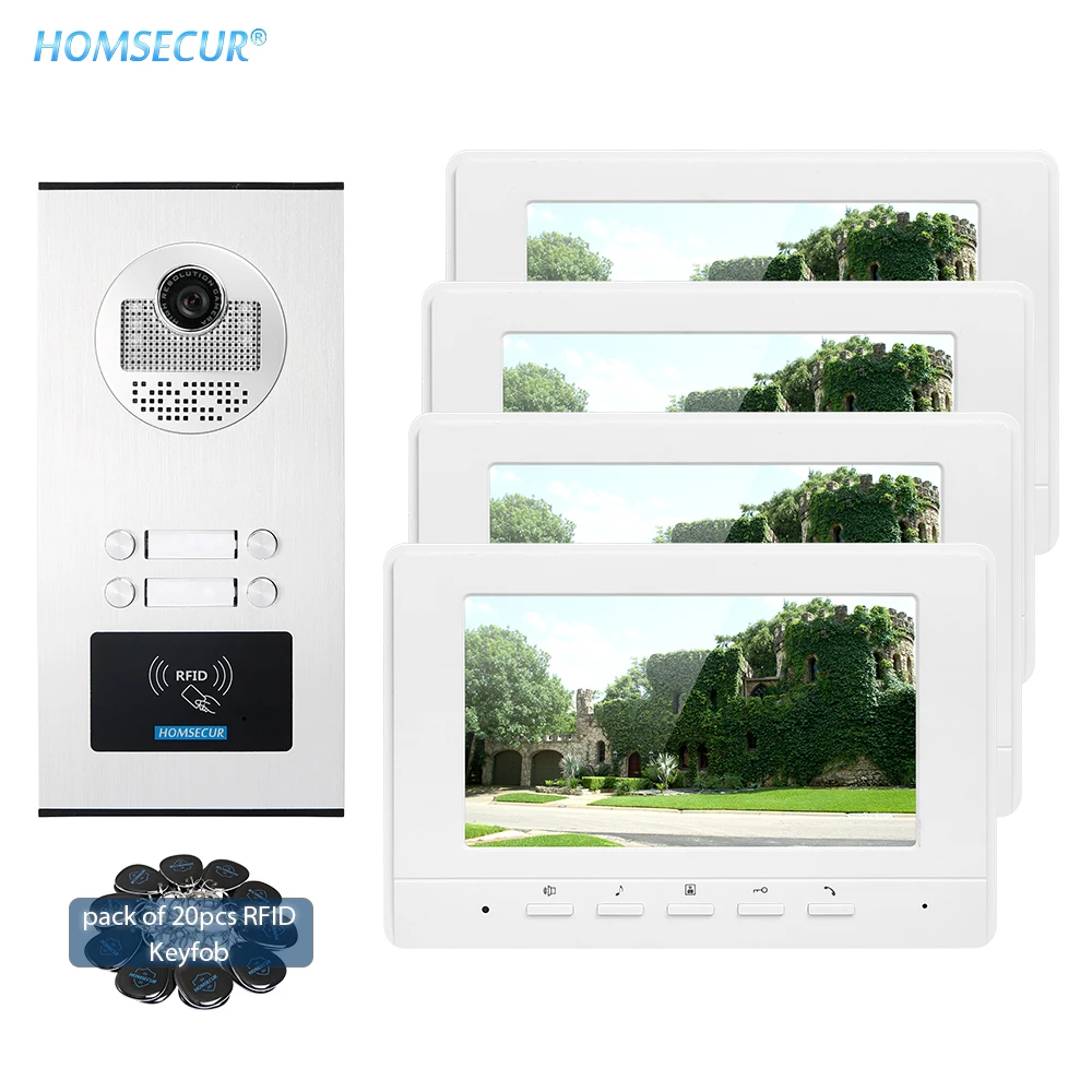 

HOMSECUR 7" Video DoorPhone Intercom System Mute Mode Night Vision RFID Unlock 20pcs Keyfob IP54 for 4 Apartment XC111-4+XM707-W