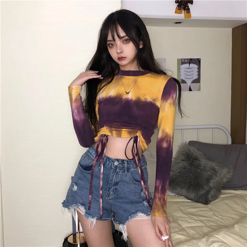 New Women's Tie-dye Top Long Sleeve Round Neck Short Lace T-shirt Slim Fit Sexy Pullover 2020 Lady Party Wear