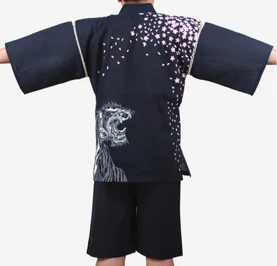 blue Японское кимоно Haori, мужской топ с изображением тигра сакуры, шорты, домашняя одежда, пижамный комплект, азиатское платье, Япония Jinbei Yangpyeong Ropa Quimono - Цвет: blue