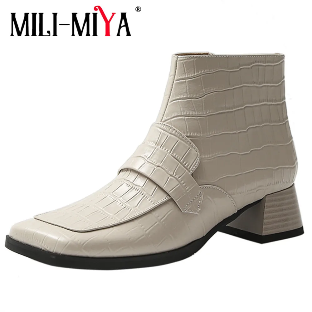 

MILI-MIYA Office Ladies Casual Women Ankle Boots 2022 Autumn Concise Genuine Leather Square Toe Thick High Heels Basic Shoes