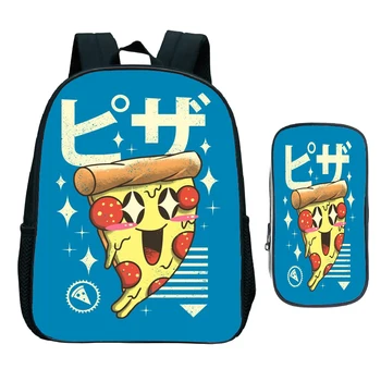

12 Inch Child Kawaii Food Pizza Print Kindergarten School Bag And Pen Bag 2Pcs-Set Kids Cartoon Anime Bookbag Children Backpack