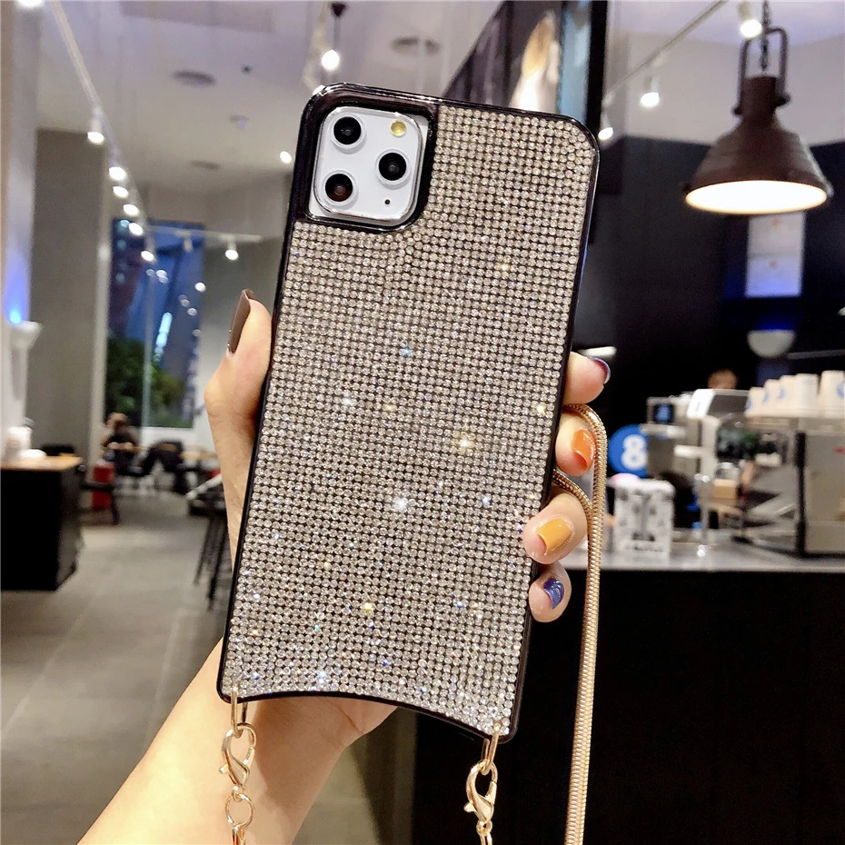 Qianliyao роскошные стразы чехол для iPhone 11 Pro Max XR XS Max X 7 8 6 6S Plus чехол s длинный Золотой металлический ремешок на цепочке мягкий чехол