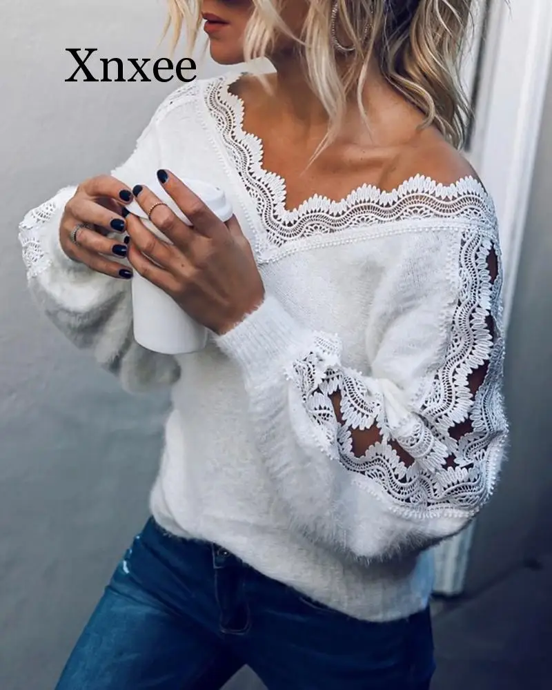 Sexy V Neck Lace Hollow Knit Sweater Autumn Winter Long Sleeve Pullover Tops Elegant Women White Jumper Pull Femme Lace White knitted loose pullover sweater women autumn winter vintage v neck sweaters white long sleeve crop top pull femme solid jumpers