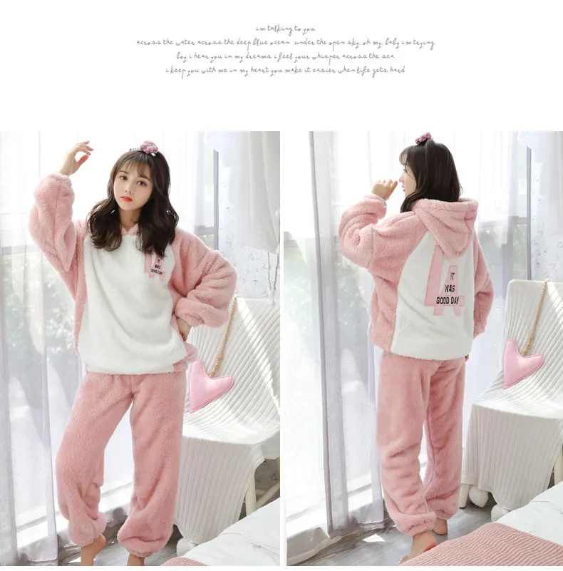 Jielur Warm Women Pajama Sets Winter Lady Long Sleeve Shirt+Pants Home suit Hooded Cartoon Print Thick Pijama Feminino