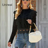 Unireal 2021 Summer Streetwear Women White Lace Blouse Shirt Long Sleeve Hollow Out Vintage Cute Ruffle Blouse Sexy Tops 5
