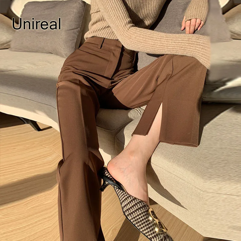 

Unireal 2022 Spring Autumn Women Long Straight Pant Office Lady Side Slit Female High Waist Blazer Pant
