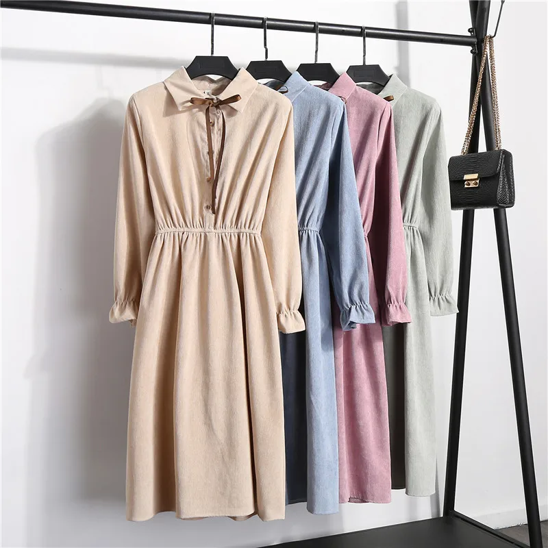 

Autumn Winter Dress S-XL Solid Vestidos Mujer Vintage Elastics Corduroy Single-breasted Dresses Stand Collar Long Sleeves Dress