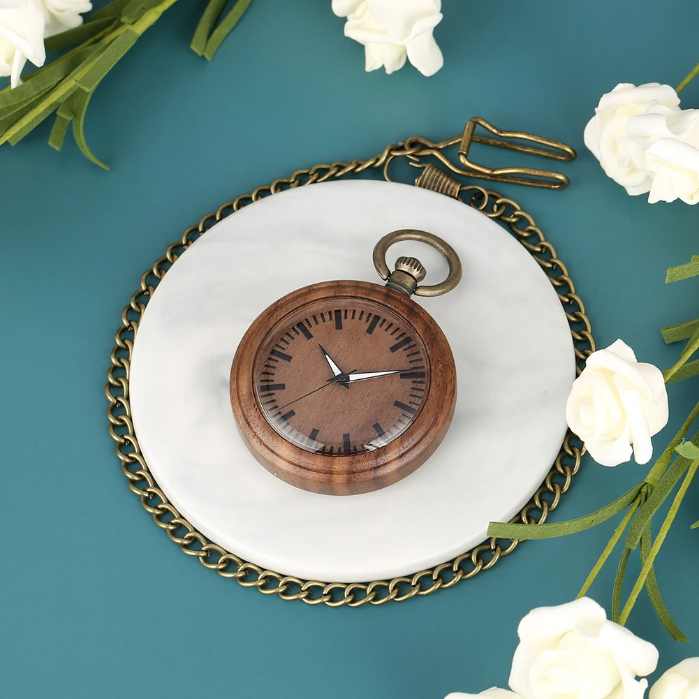 Classic Walnut Case Pocket Watch for Women Concise Big Dial with Luminous Pointers Necklace Male Clock 3